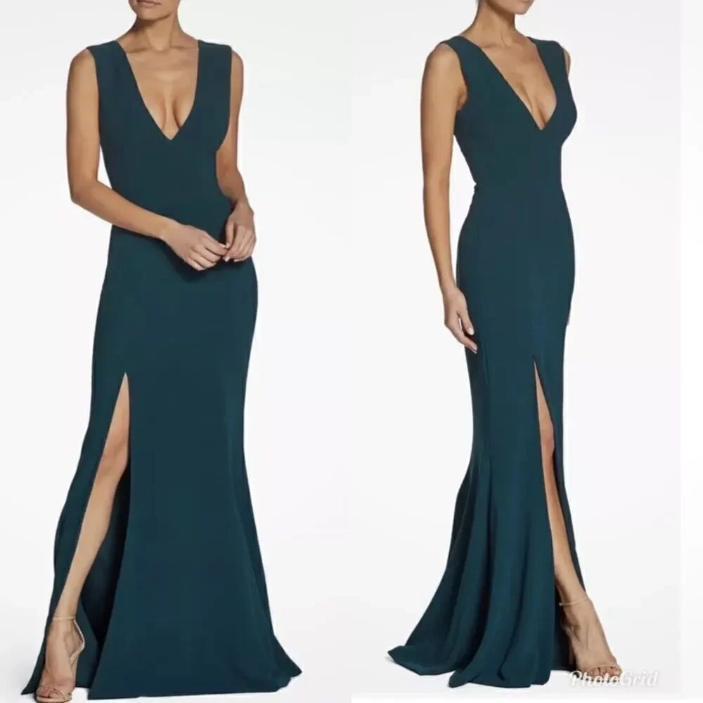 Revolve Dress The Population Sandra Plunge Crepe Trumpet Gown Maxi Dress in Pine